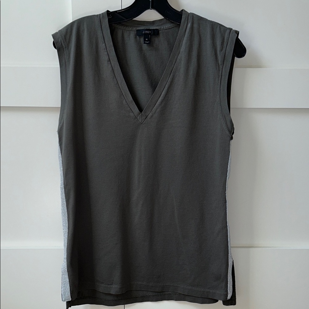 J. Crew Army Green Tank with Silver Metallic Stripe Accent